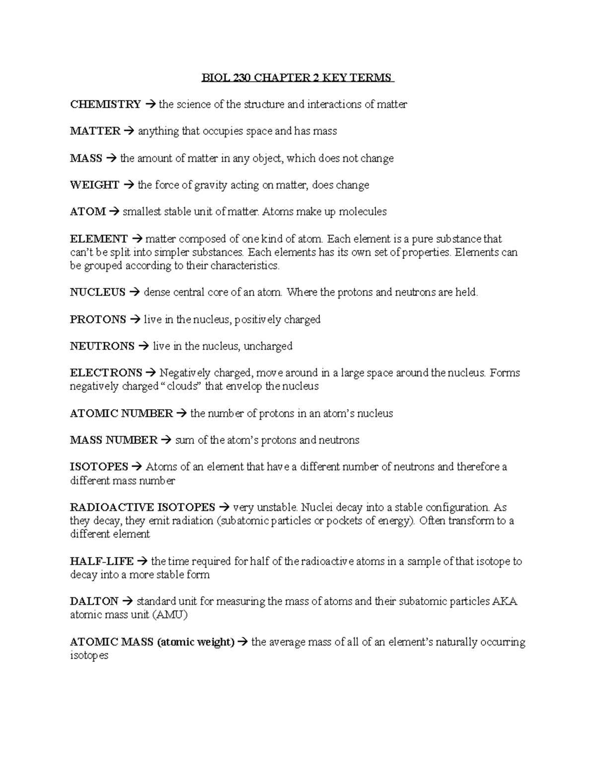 BIOL 230 Chapter 2 KEY Terms - BIOL 230 CHAPTER 2 KEY TERMS CHEMISTRY ...