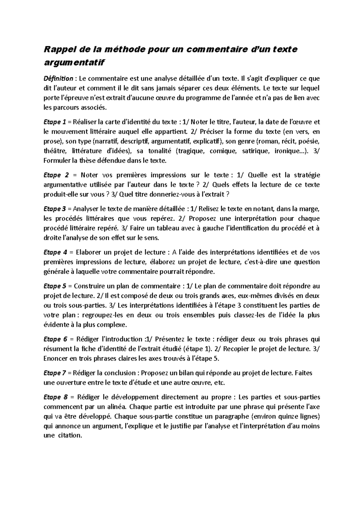Méthode pour un commentaire d'un texte argumentaif - Rappel de la ...