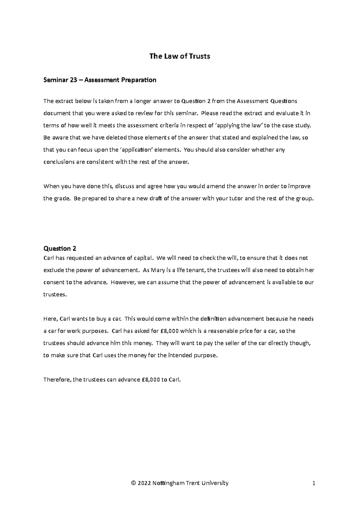 Seminar 23 Sample Answer 2 - The Law of Trusts Seminar 23 – Assessment ...