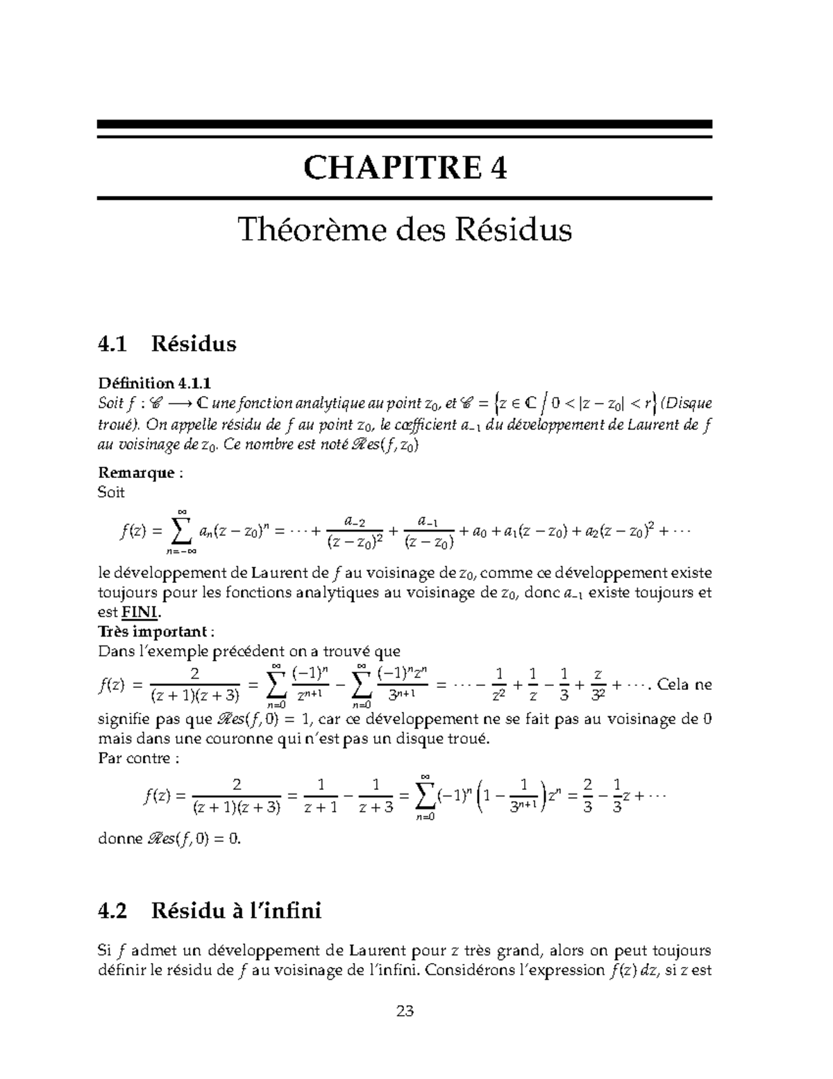 Analyse complexe université sba - CHAPITRE 4 Théorème des Résidus 4 ...