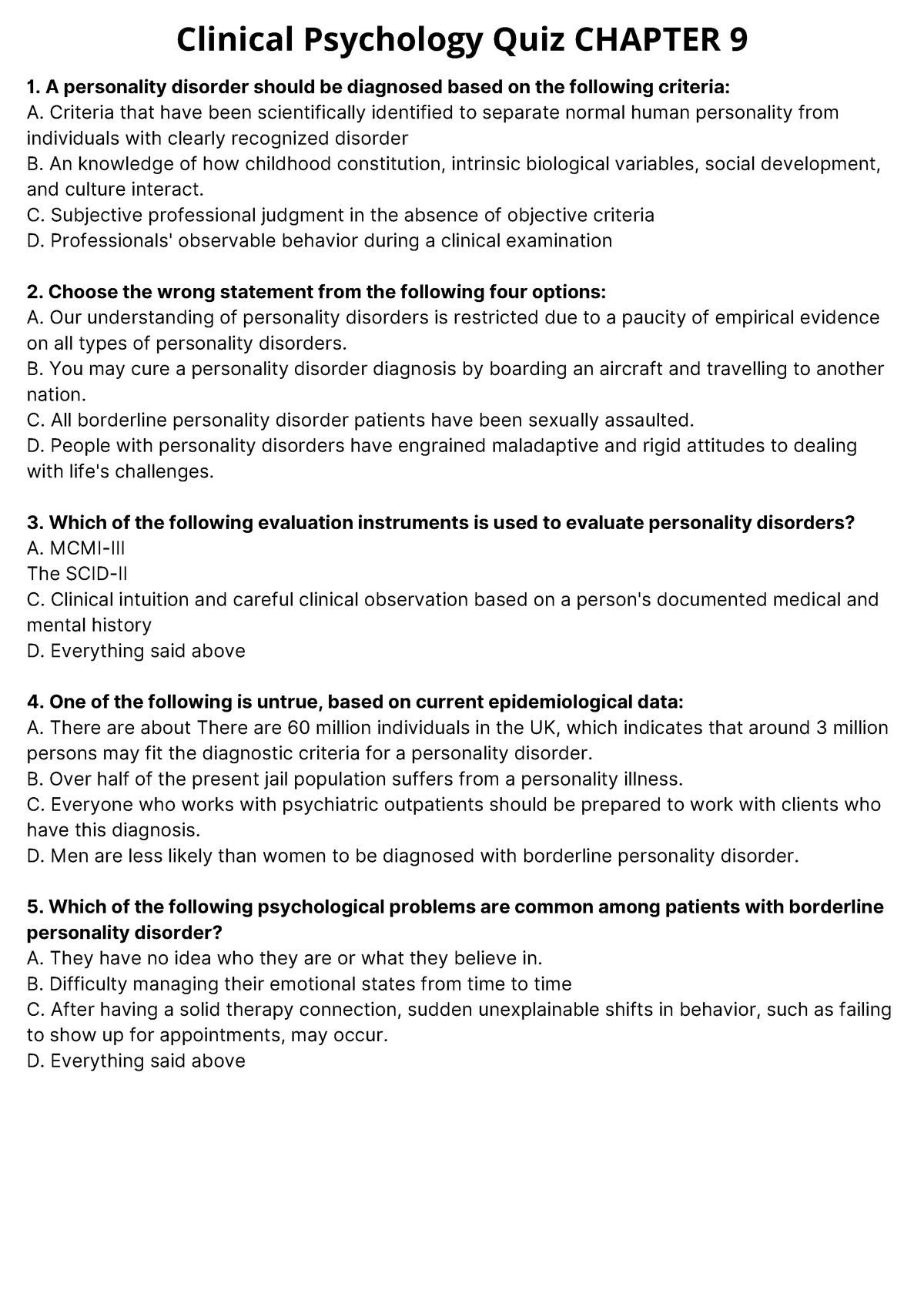 Clinical Psychology Quiz Chapter 9 - Clinical Psychology Quiz CHAPTER 9 ...