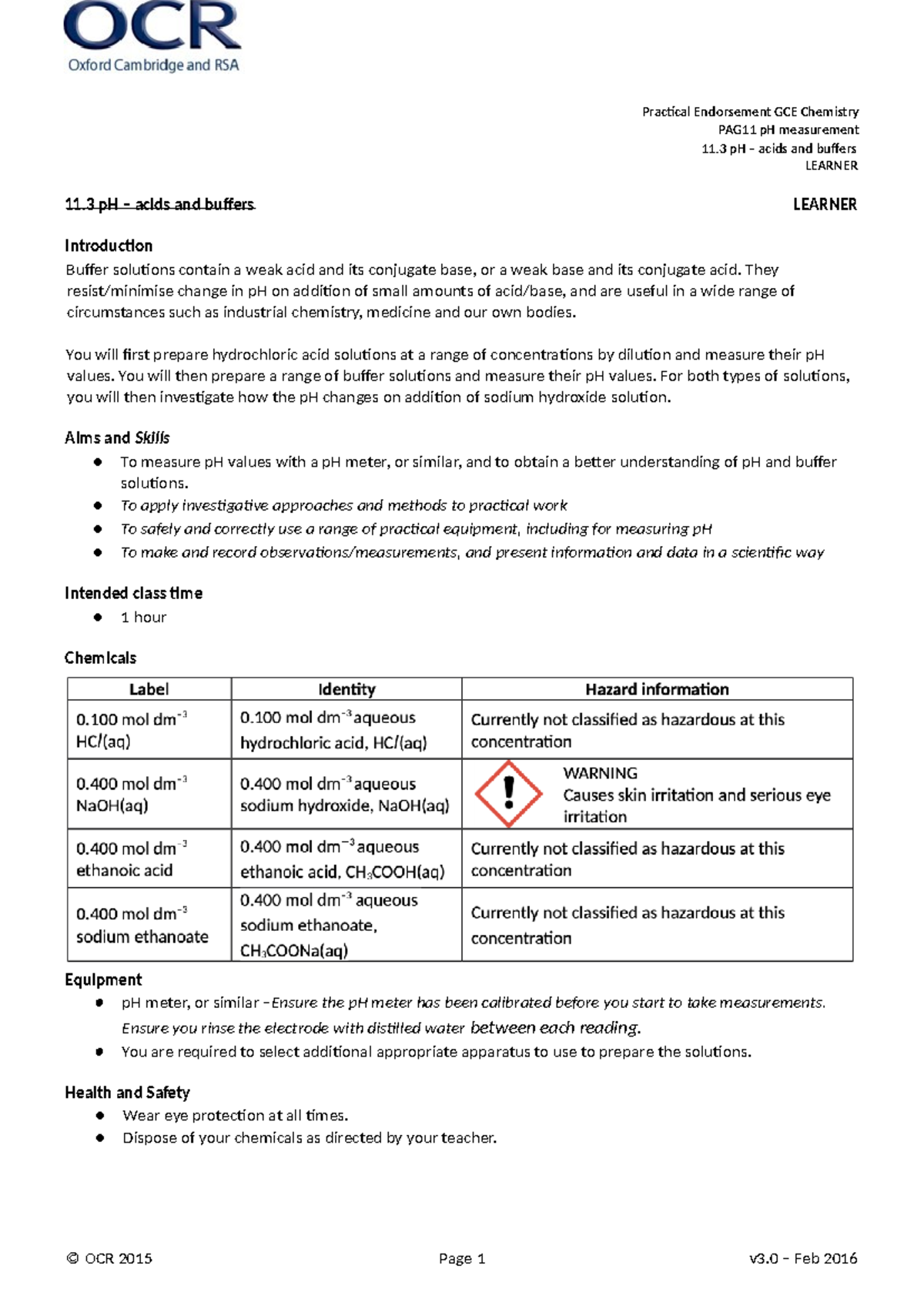 Chemistry PAG 11 - Practical Endorsement GCE Chemistry PAG11 PH ...