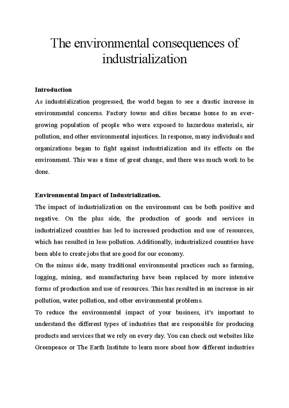 The environmental consequences of industrialization - The environmental ...