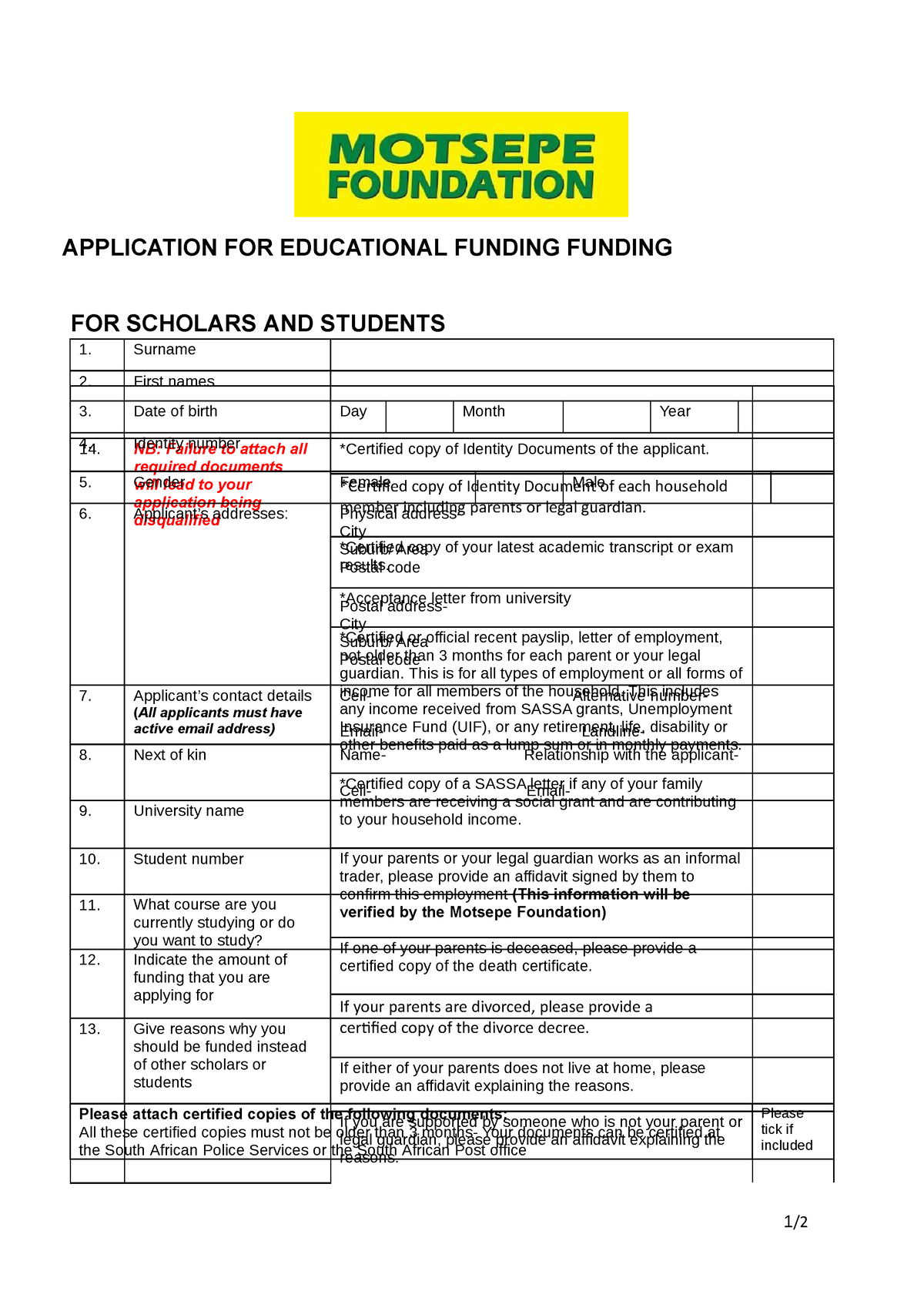 Motsepe Foundation Bursary Application Form 1 Application For Educational Funding Funding 6332