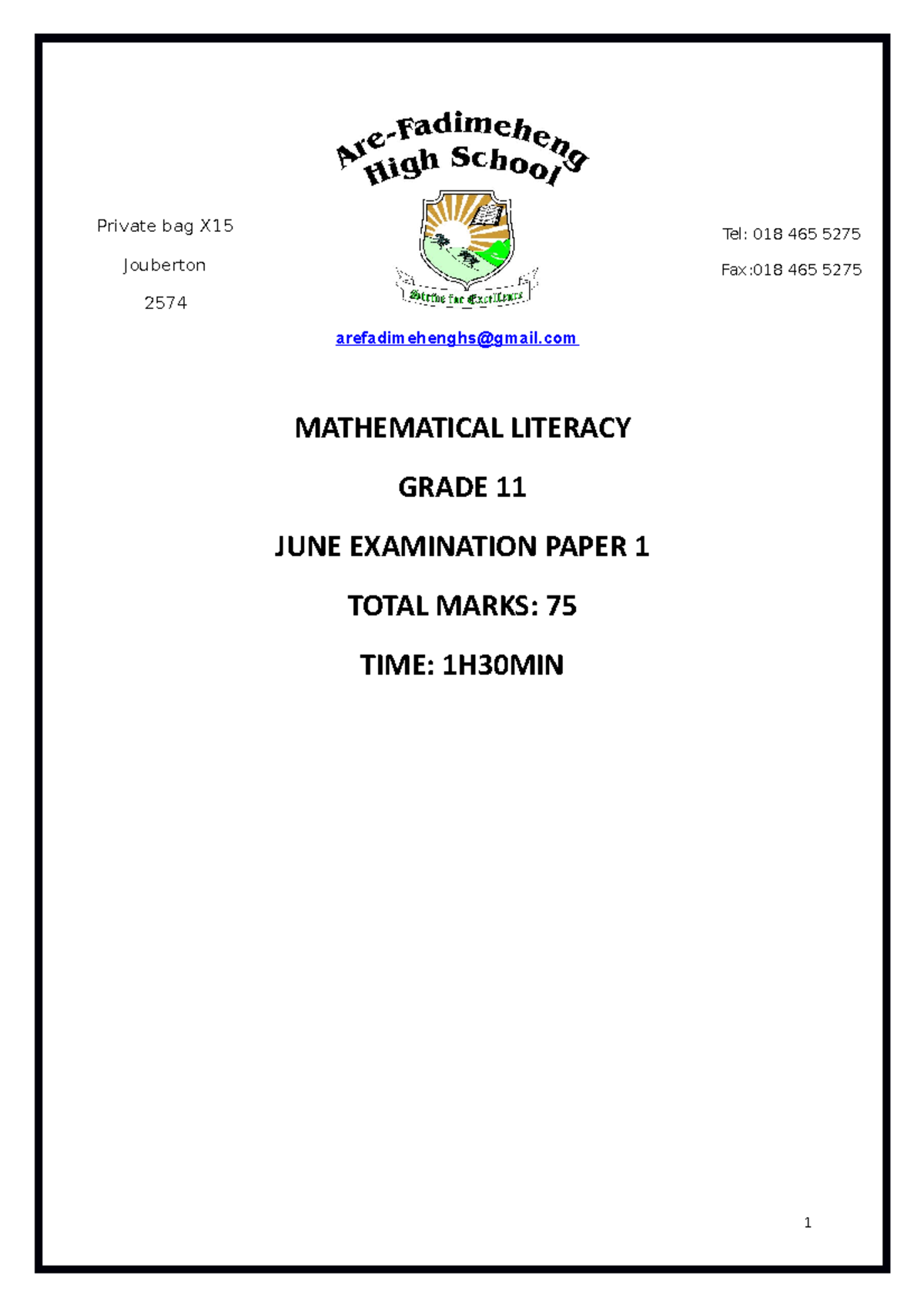 Grade 11 JUNE EXAM Paper 1 Maths Literacy 2022 arefadimehenghsgmail