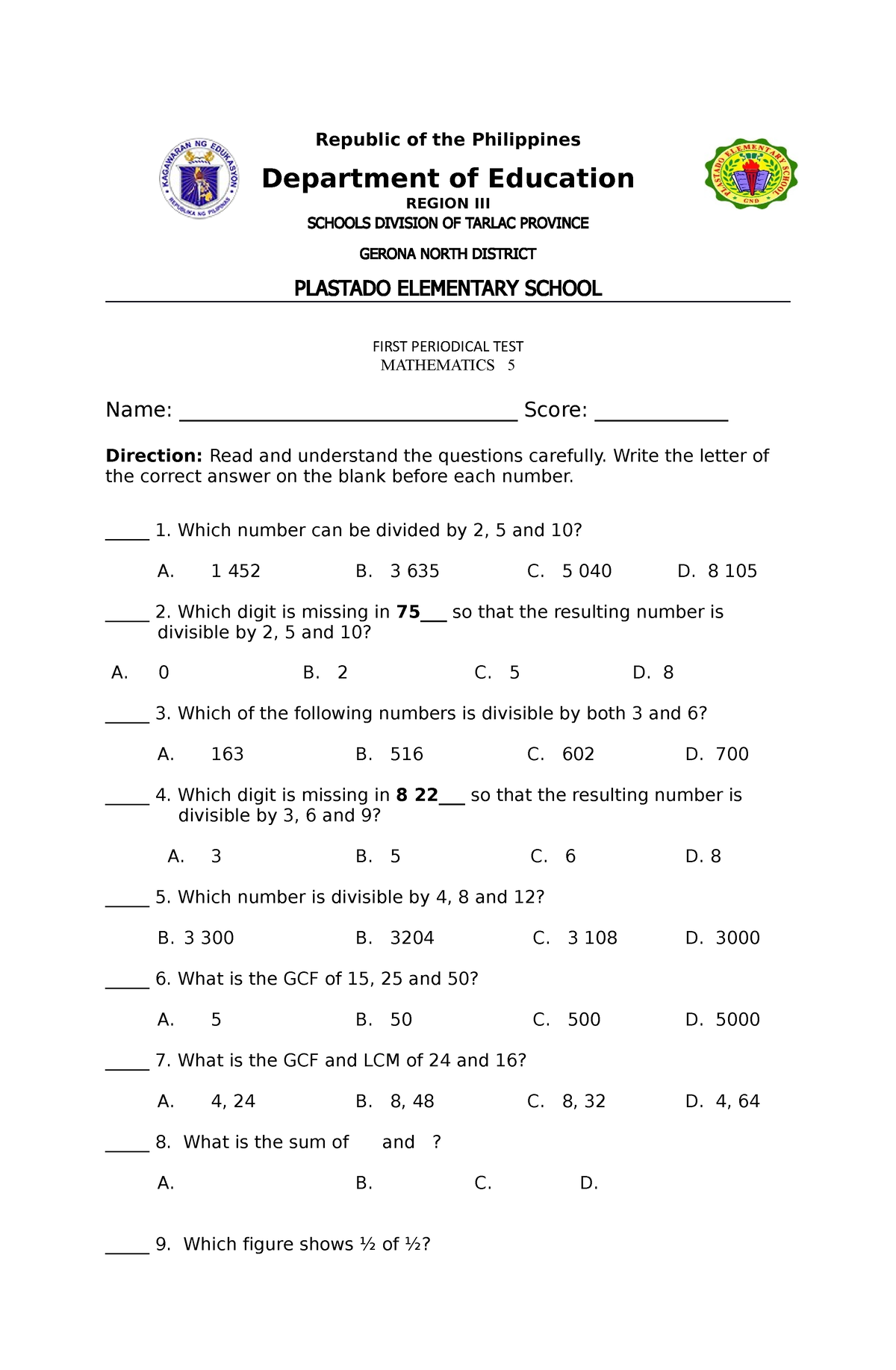 Q1 Grade Five Periodical Test Republic Of The Philippines Department Of Education Region Iii 