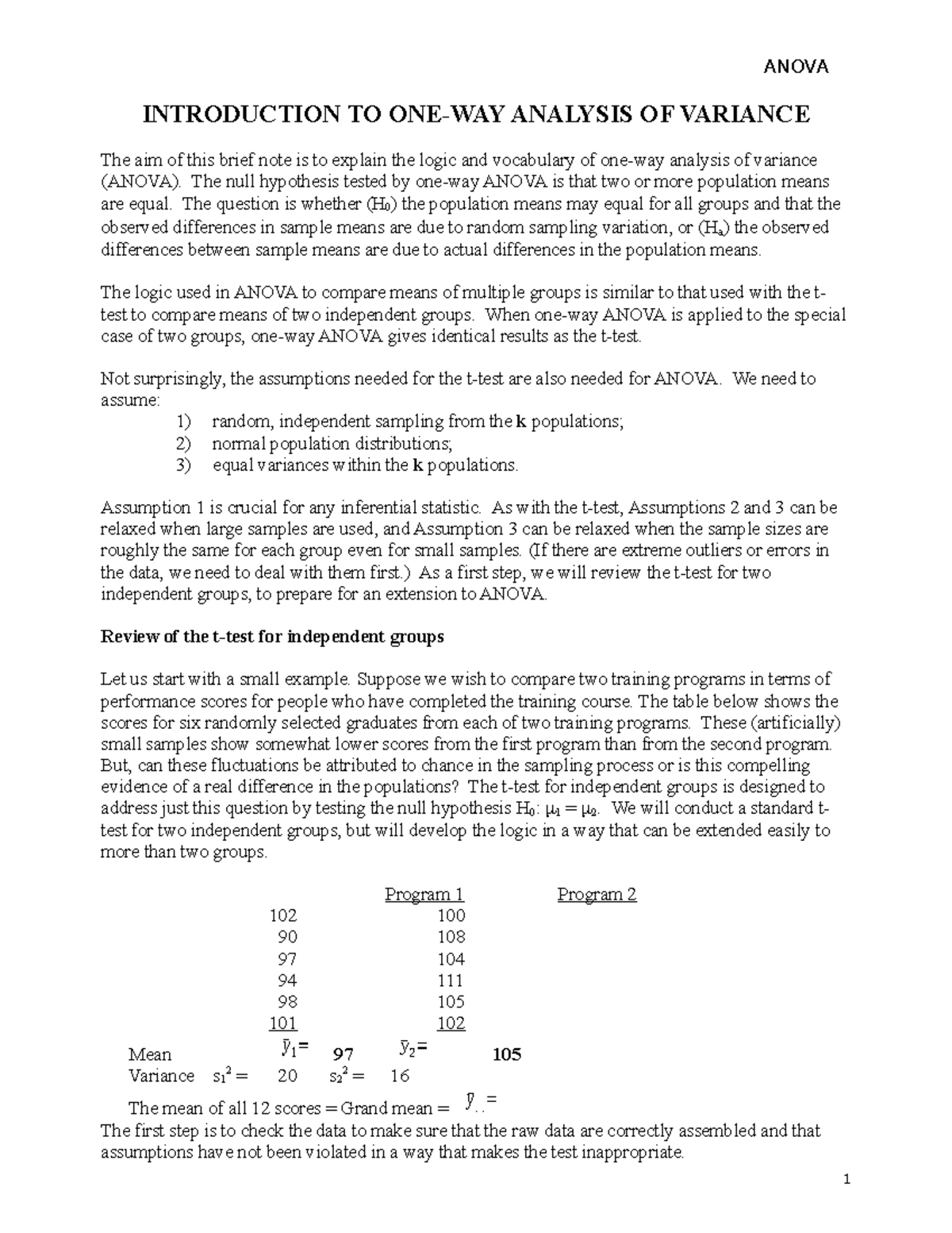 Unit 5 Lecture and notes - ANOVA INTRODUCTION TO ONE-WAY ANALYSIS OF ...