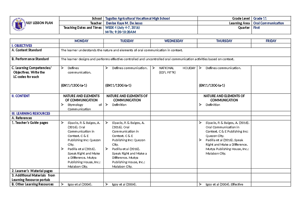 DLL ORAL COM - Daily Lesson Log in Oral Communication - DAILY LESSON ...