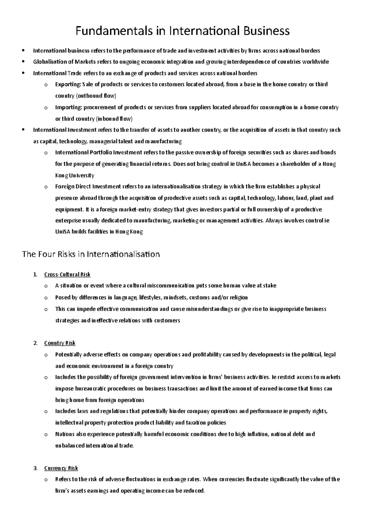 Week 1 notes - Lecture note 1 - Fundamentals in International Business ...