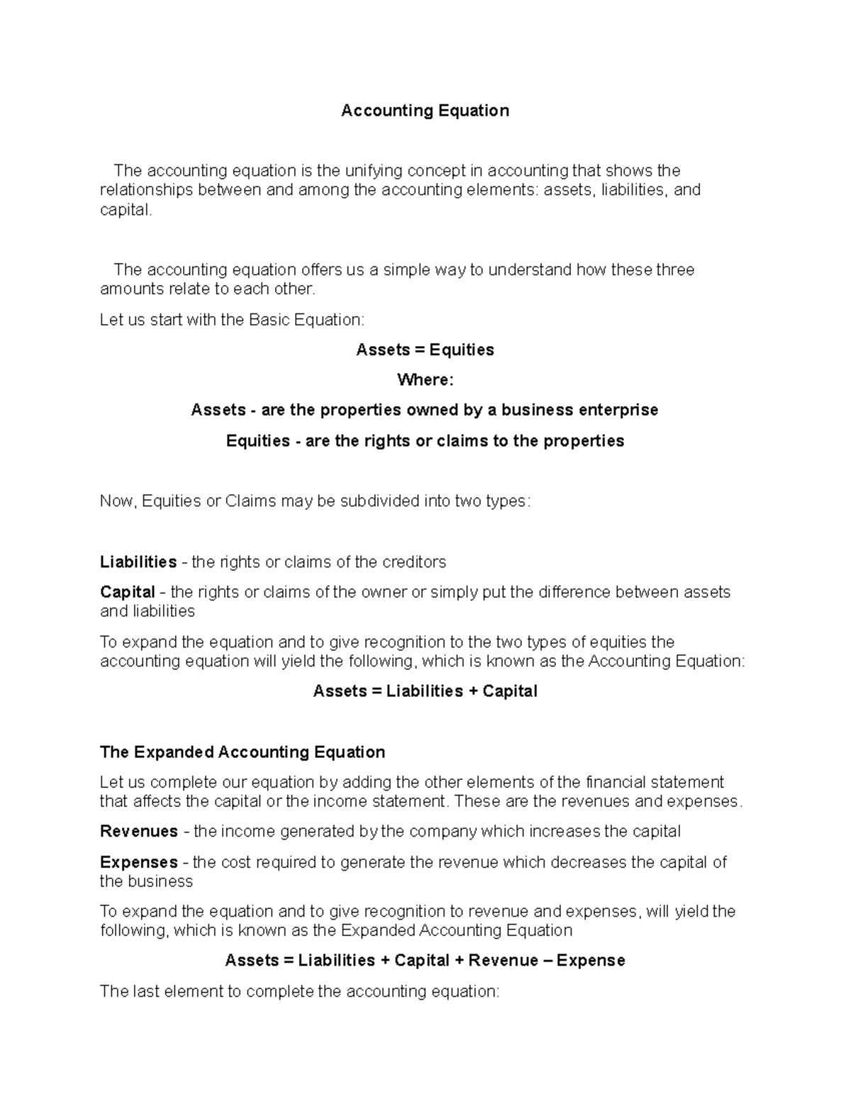 Accounting Equation - The accounting equation offers us a simple way to ...