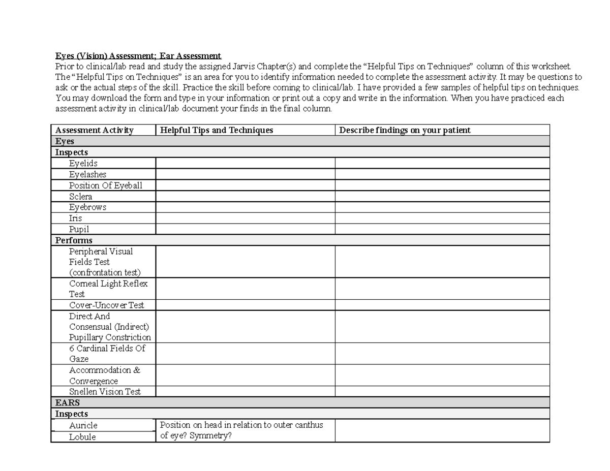 Eyes Ears Lab Worksheets Eyes (Vision) Assessment; Ear Assessment