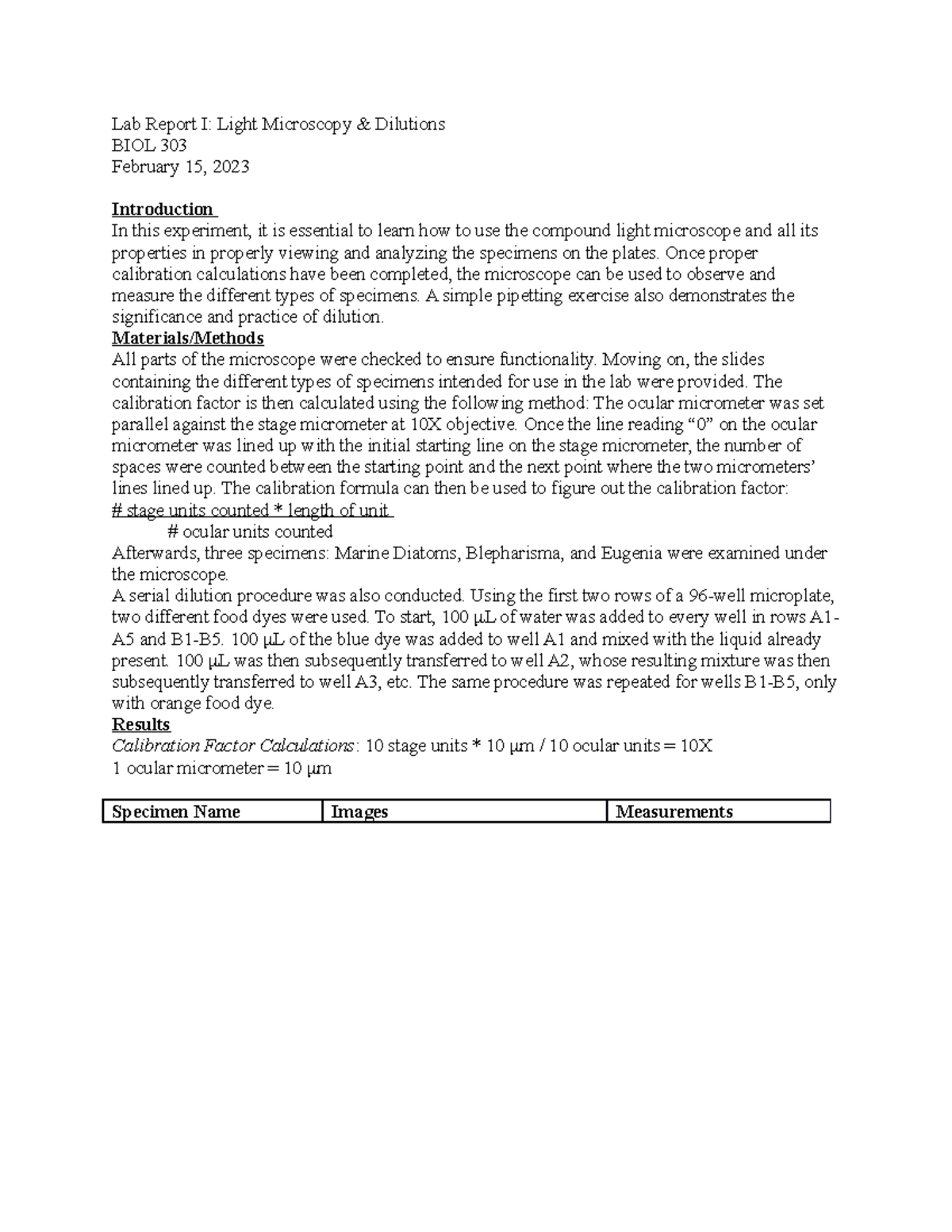 LAB Report 1 Lab Report I Light Microscopy & Dilutions BIOL 303