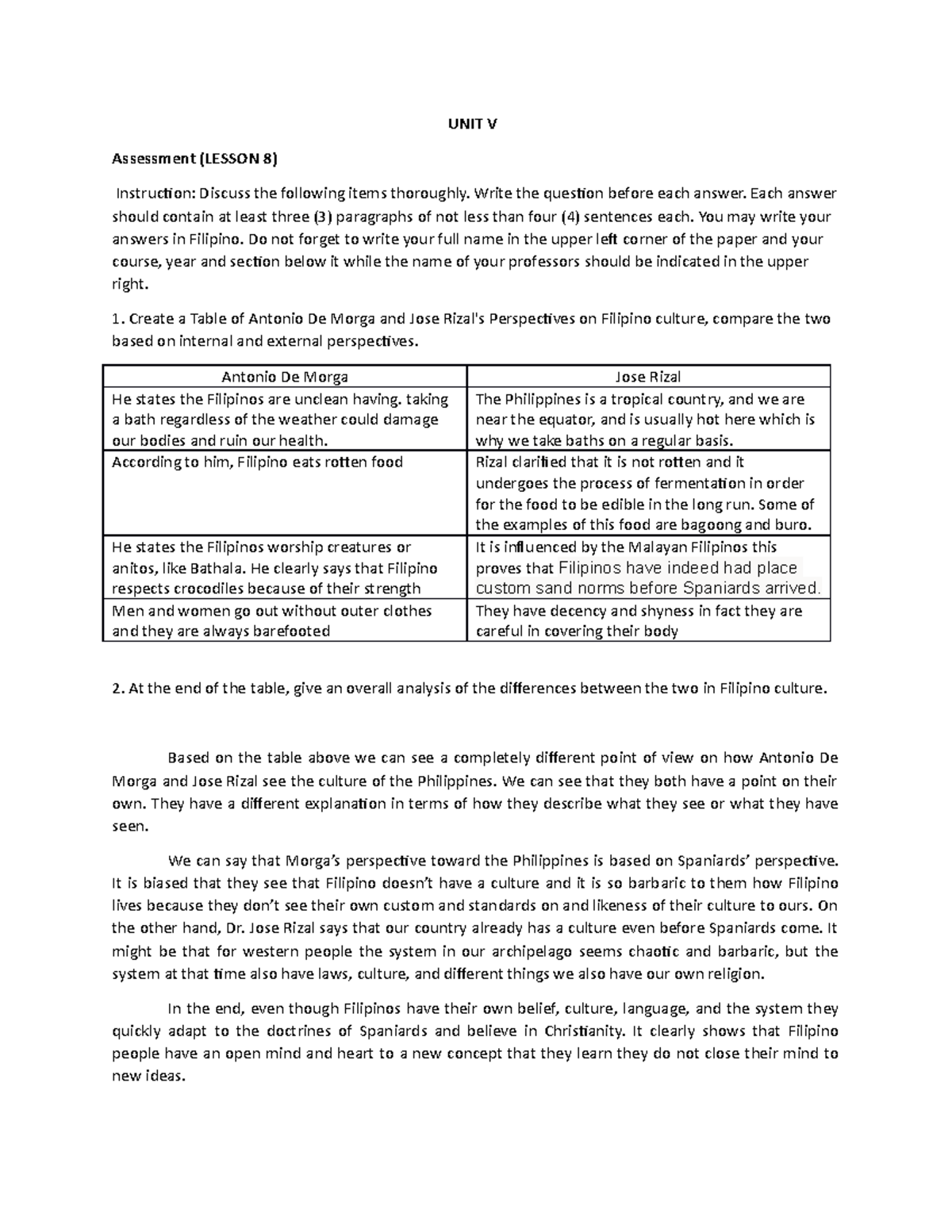 UNIT V buhay at mga sulat ni doctor jose rizal UNIT V Assessment (LESSON 8) Instruction