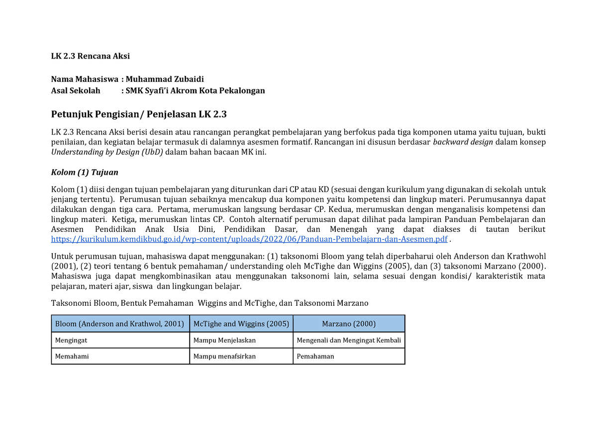 LK 2.3 Rencana Aksi - LK 2 Rencana Aksi Nama Mahasiswa : Muhammad ...