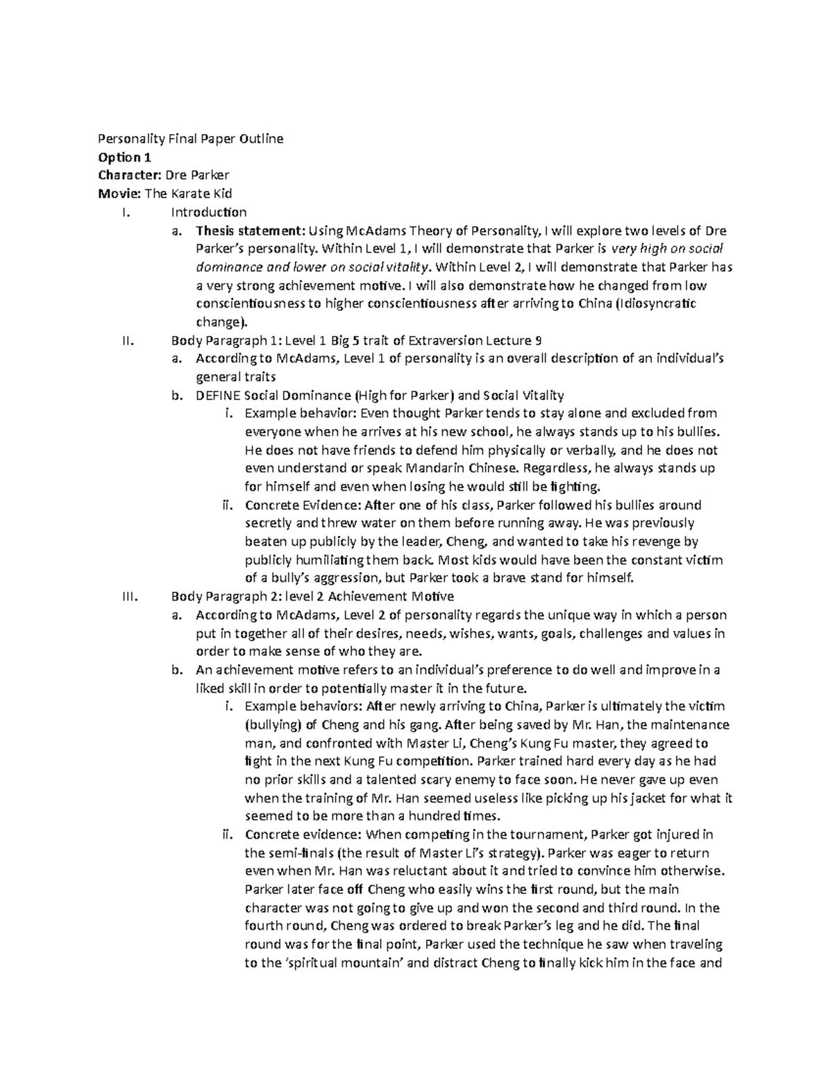 Outline - Personality Final Paper Outline Option 1 Character: Dre ...