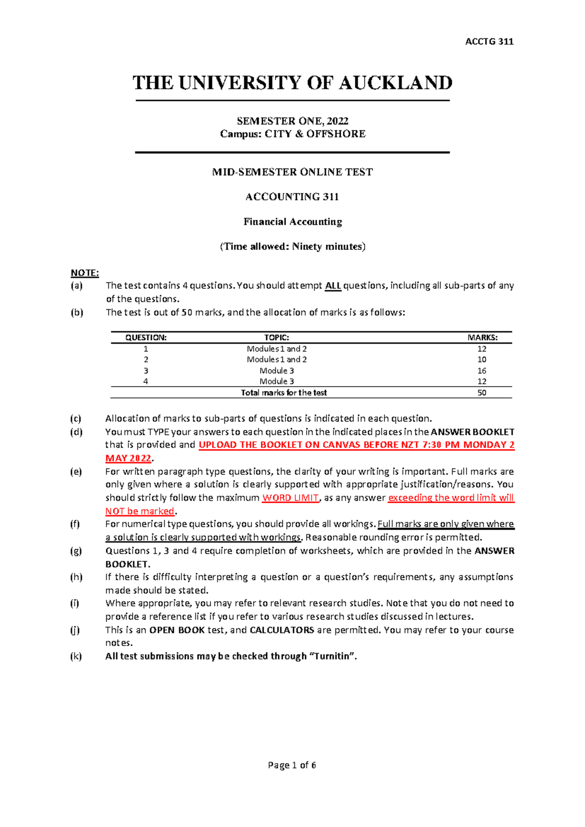 Mid-semester Online Test - Questions, ACCTG 311 2022FC - THE UNIVERSITY ...