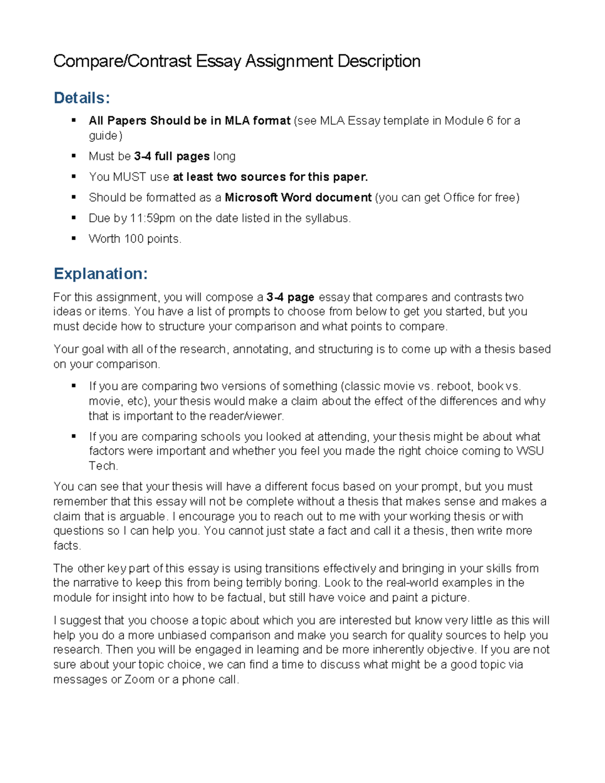 Compare Contrast Essay Assignment Description Compare Contrast 