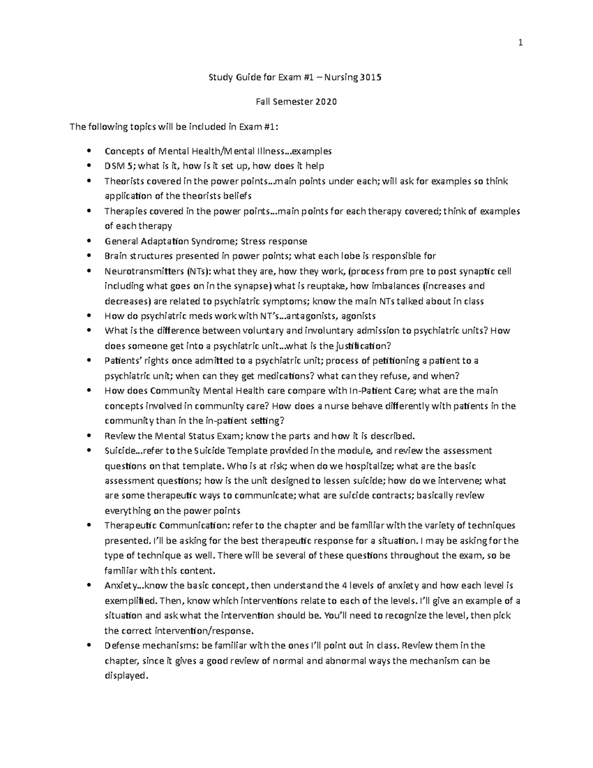 Study Guide for Exam #1 - 1 Study Guide for Exam #1 – Nursing 3015 Fall ...
