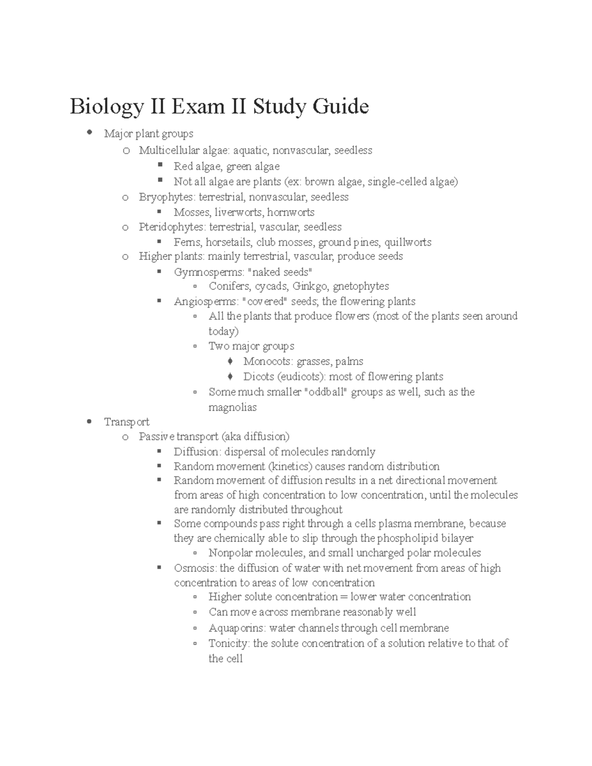 Bio II Exam II Study Guide - Biology II Exam II Study Guide Major Plant ...