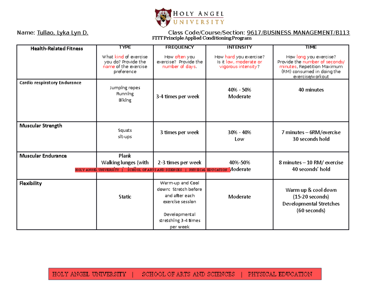 FIIT Personal Training Program Template - Name: Tullao, Lyka Lyn D ...