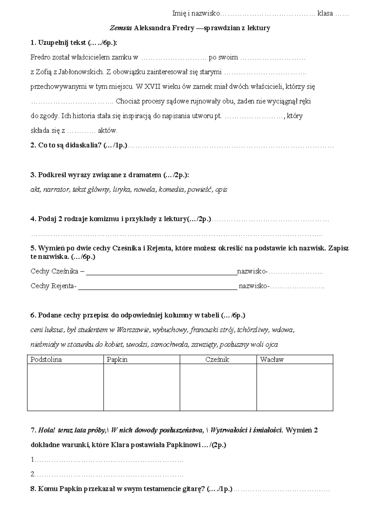 534655959 zemsta sprawdzian kl 7 - Imię i nazwisko