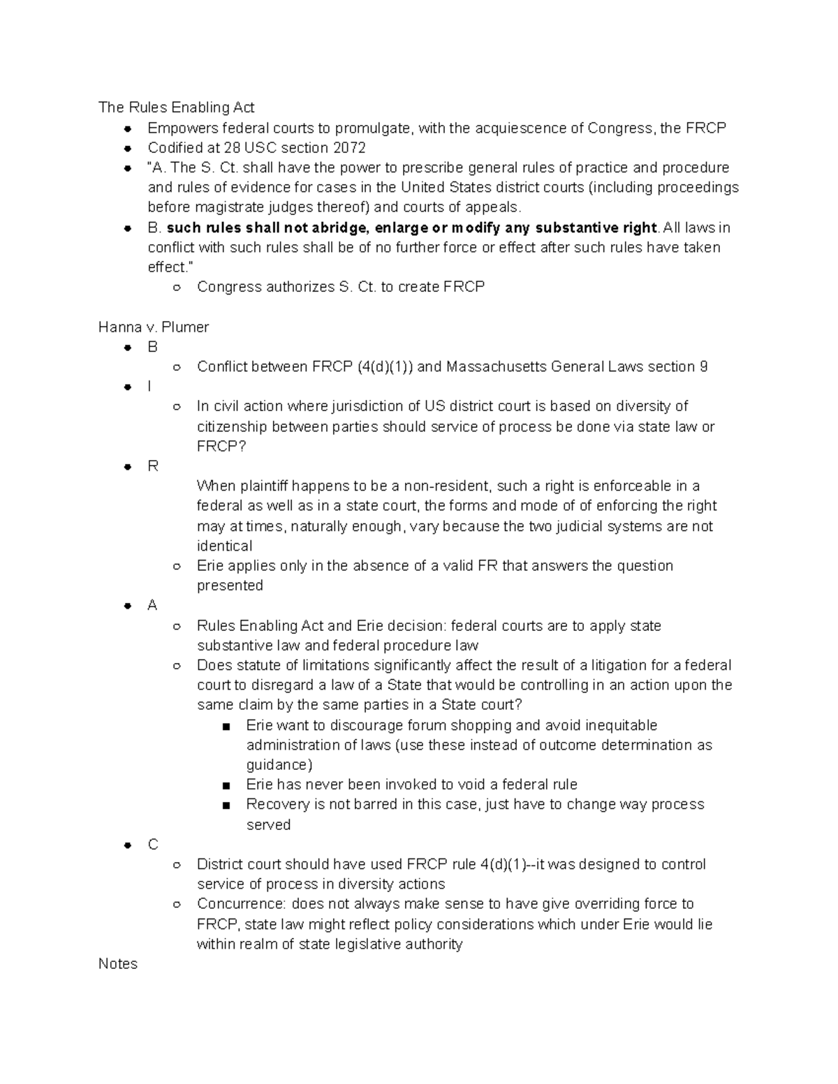 Civ pro 12 1 reading notes The Rules Enabling Act Empowers federal courts to promulgate, with