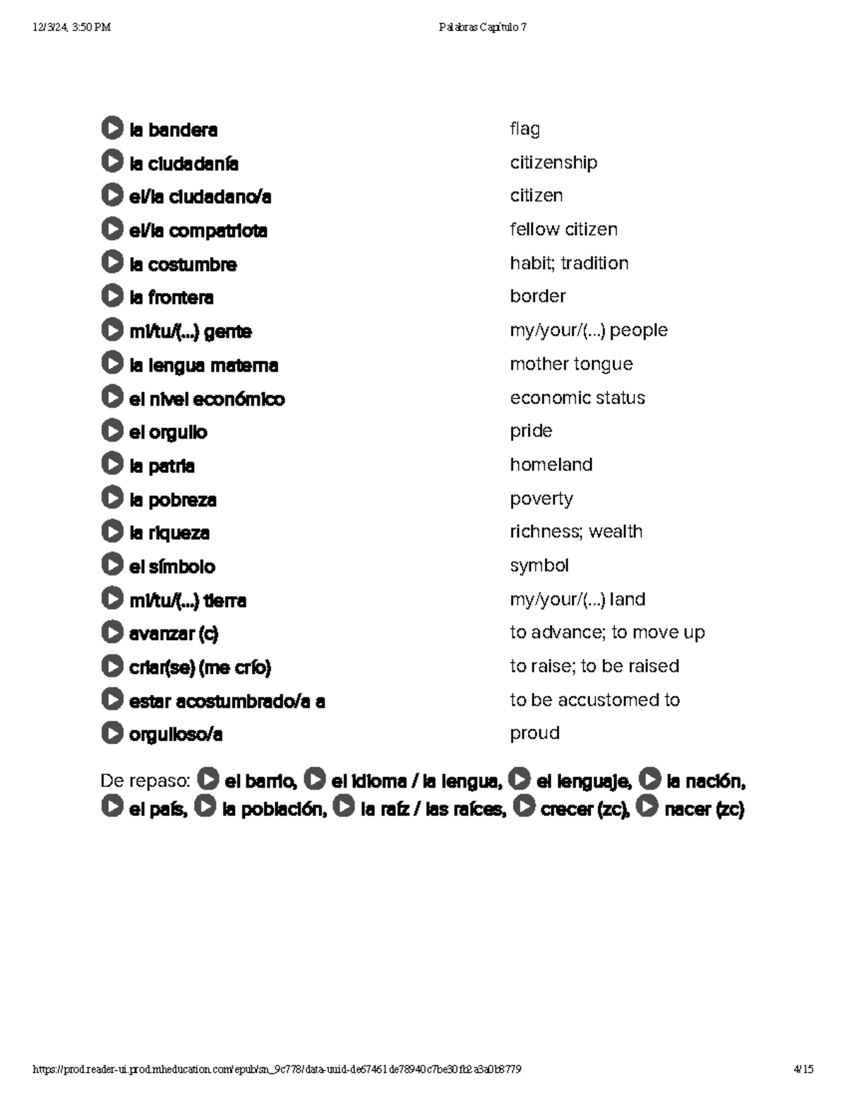 Palabras Capítulo 7 - chapter 7 vocab - la bandera flag la ciudadanía ...