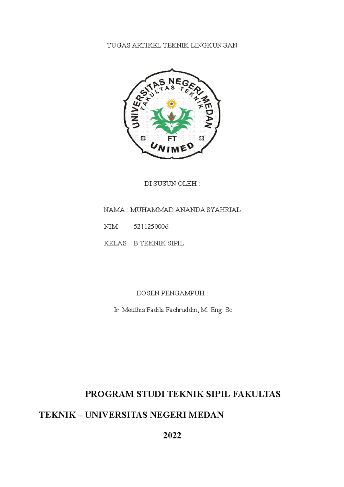 Tugas Artikel Teknik Lingkungan Muhammad Ananda Syahrial NIM 5211250006 ...