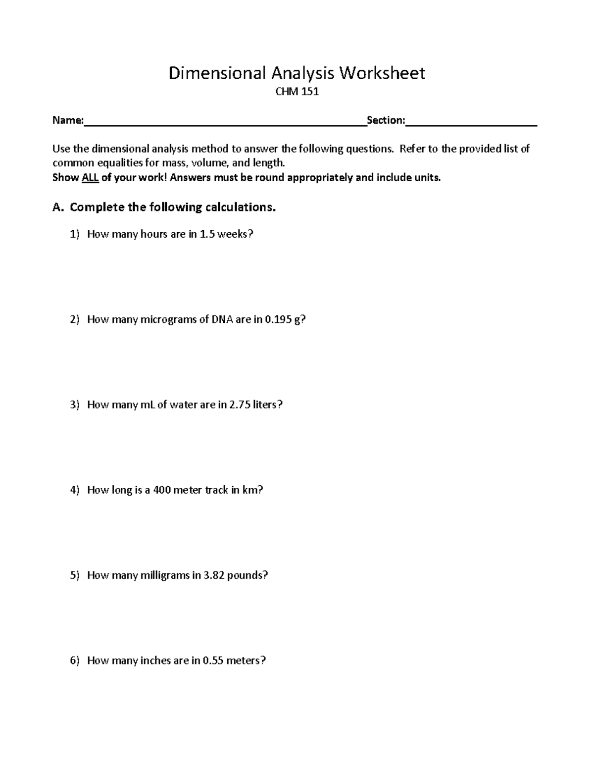 Dimensional Analysis Worksheet - Refer to the provided list of common ...
