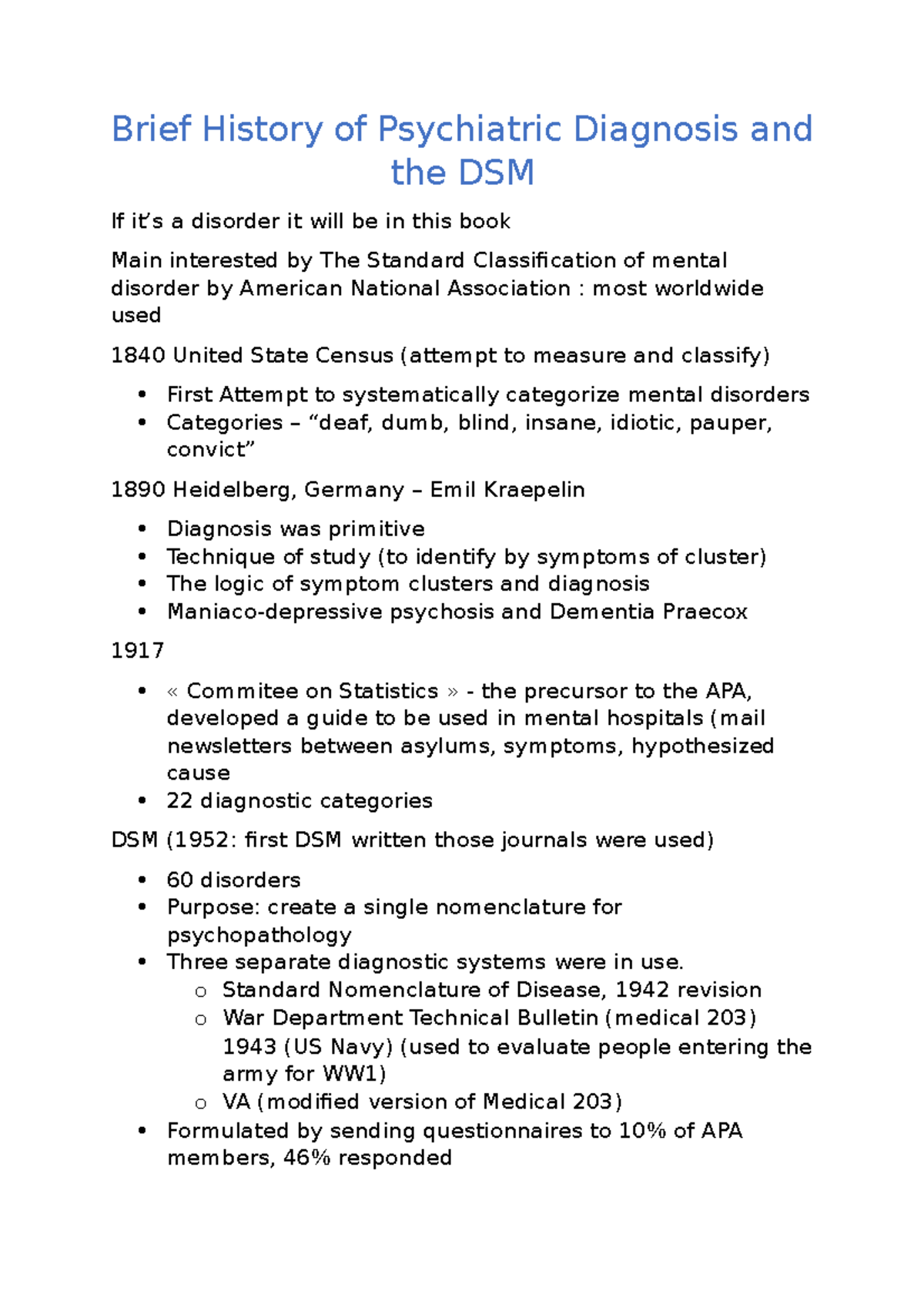 Notes 2 Brief History of Psychiatric Diagnosis and the DSM Brief