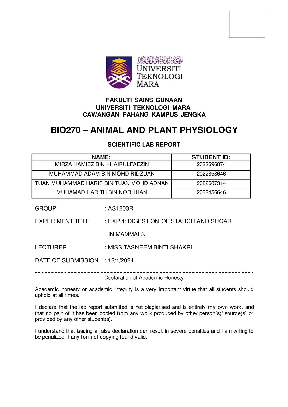 LAB EXP 4 - Lab Report Chm256 Exp4 - FAKULTI SAINS GUNAAN UNIVERSITI ...