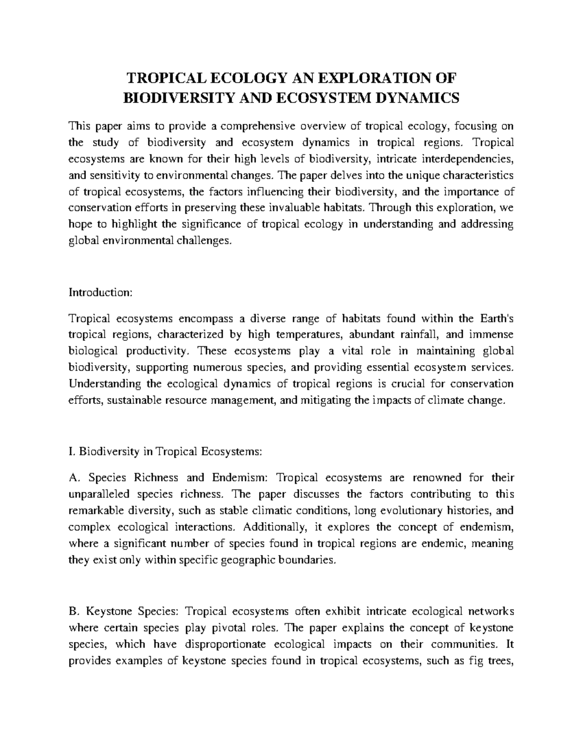 Tropical Ecology AN Exploration OF Biodiversity AND Ecosystem Dynamics ...