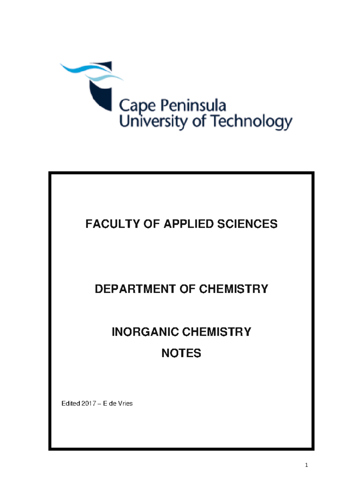 Chemistry Course notes 2024 - FACULTY OF APPLIED SCIENCES DEPARTMENT OF ...