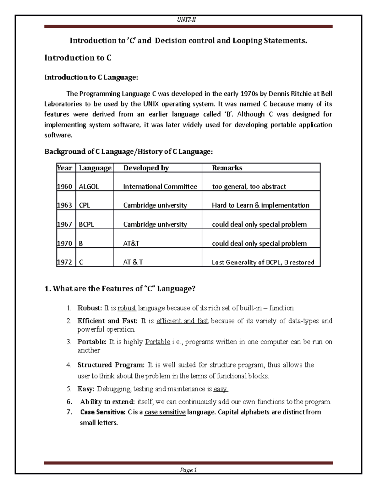 Unit-1 C - C language - Introduction to ’C’ and Decision control and ...