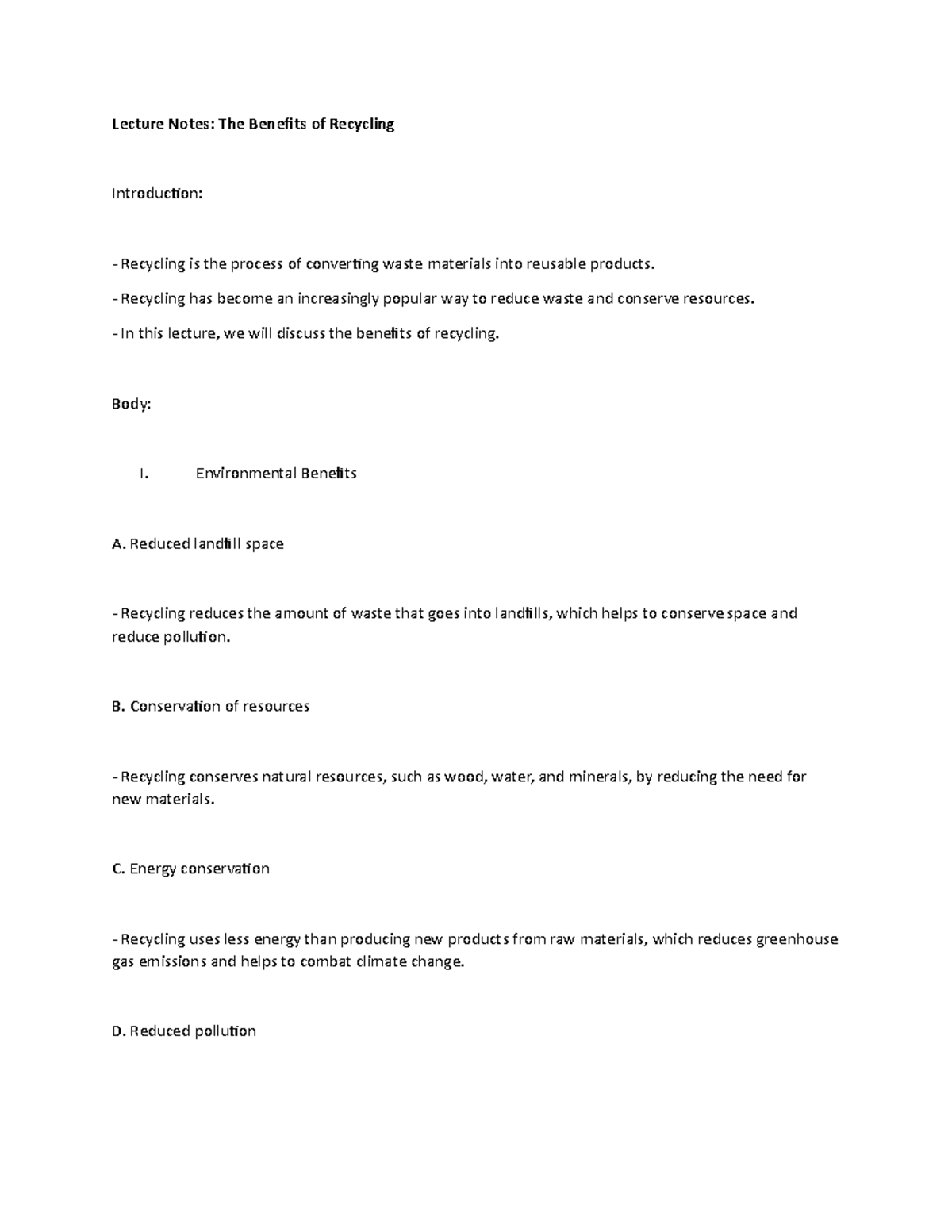 Lecture Notes: The Benefits of Recycling - Lecture Notes: The Benefits ...