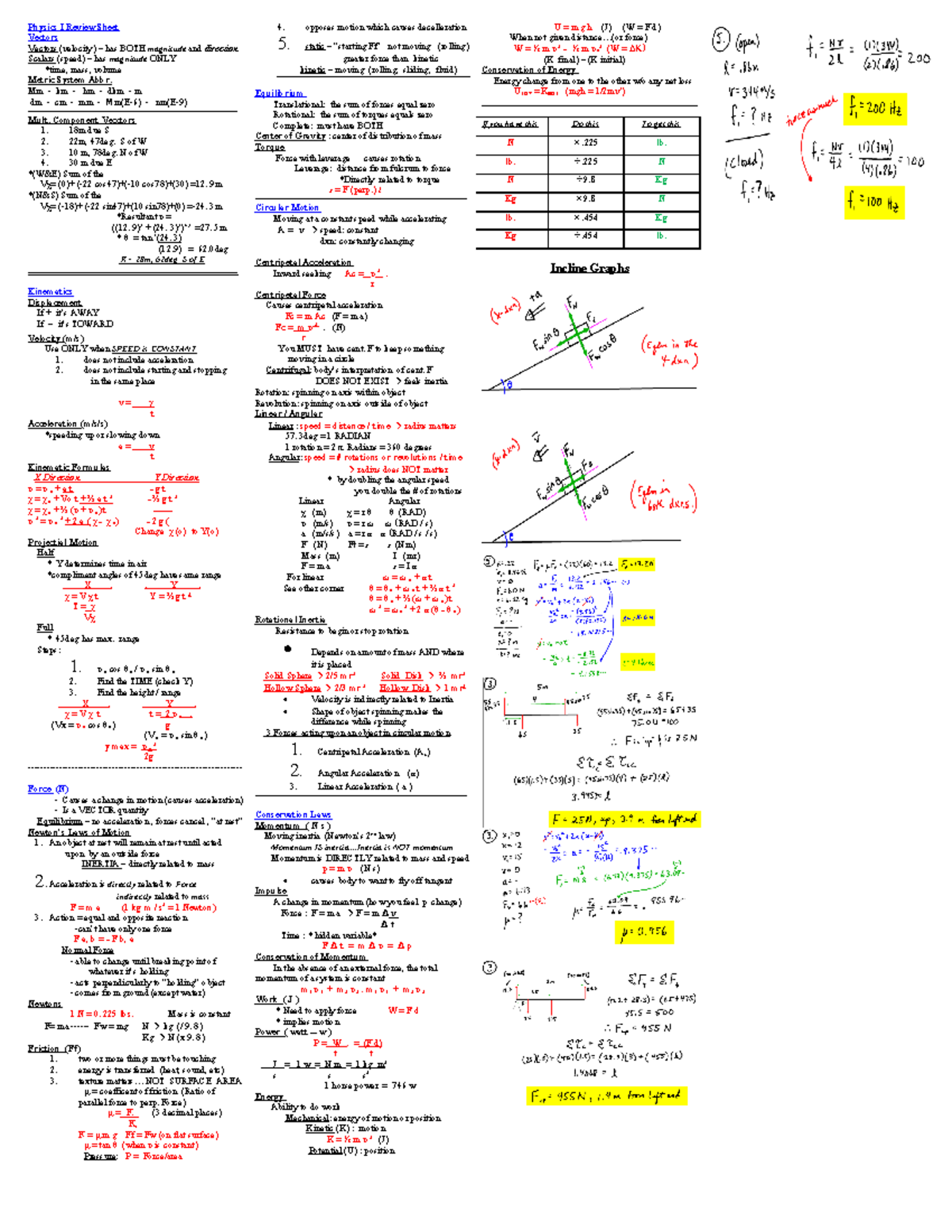 93908127 Physics I Final Cheat Sheet - Physics I Review Sheet Vectors ...