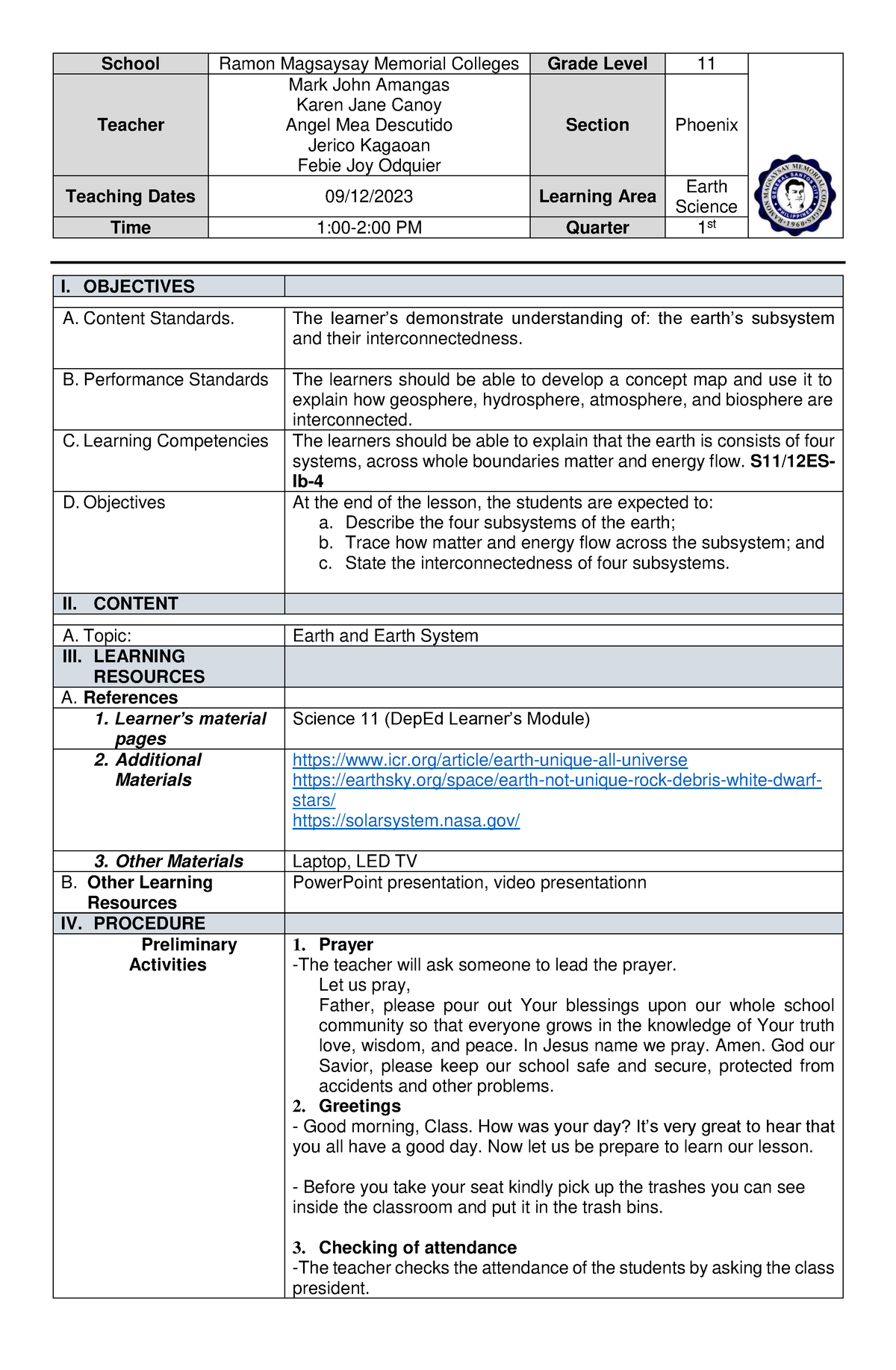 Final Lesson Plan Sana - School Ramon Magsaysay Memorial Colleges Grade 