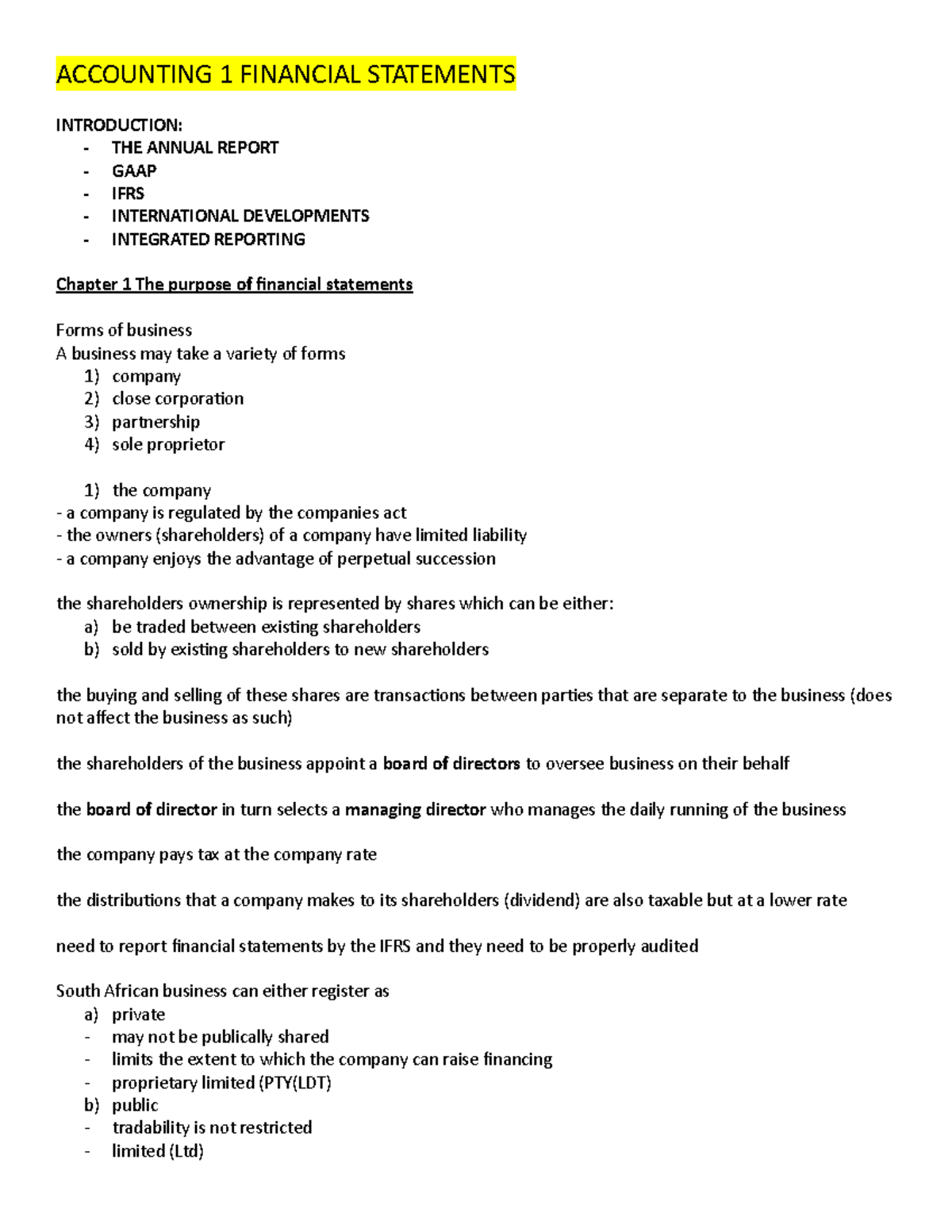 Chapter Notes - ACCOUNTING 1 FINANCIAL STATEMENTS INTRODUCTION: - THE ...