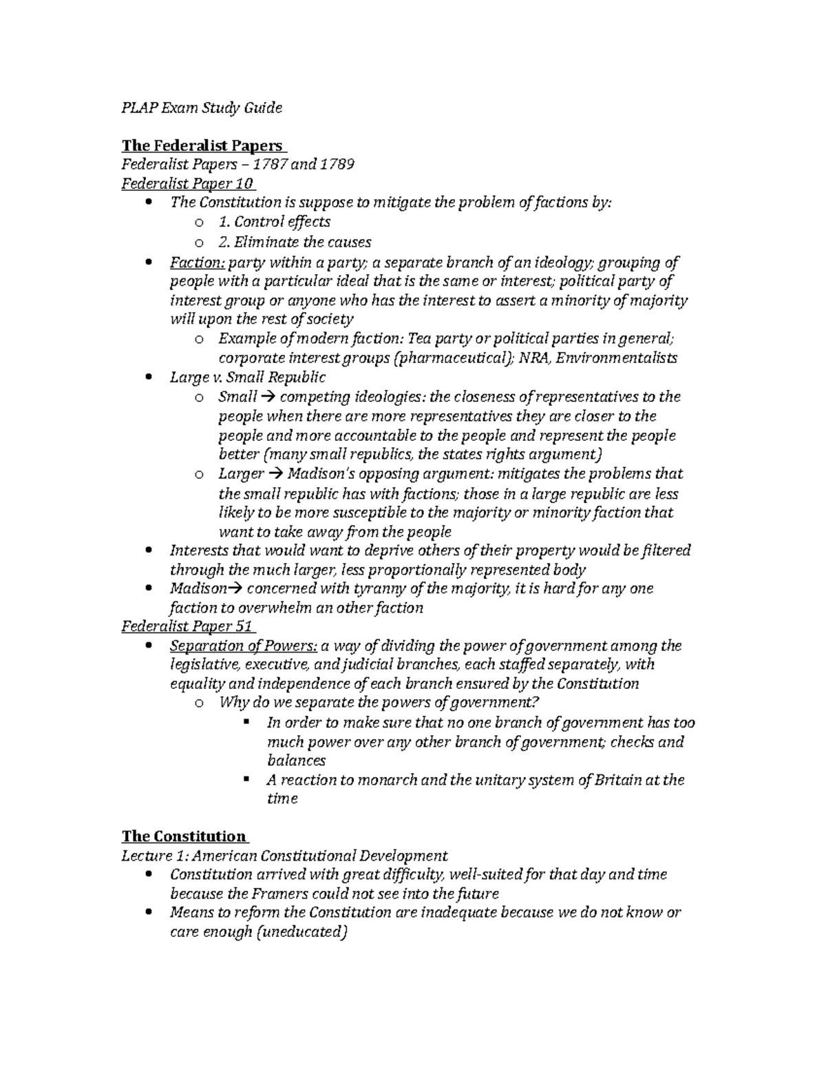 PLAP 1010 Exam 1 Study Guide - PLAP Exam Study Guide The Federalist ...