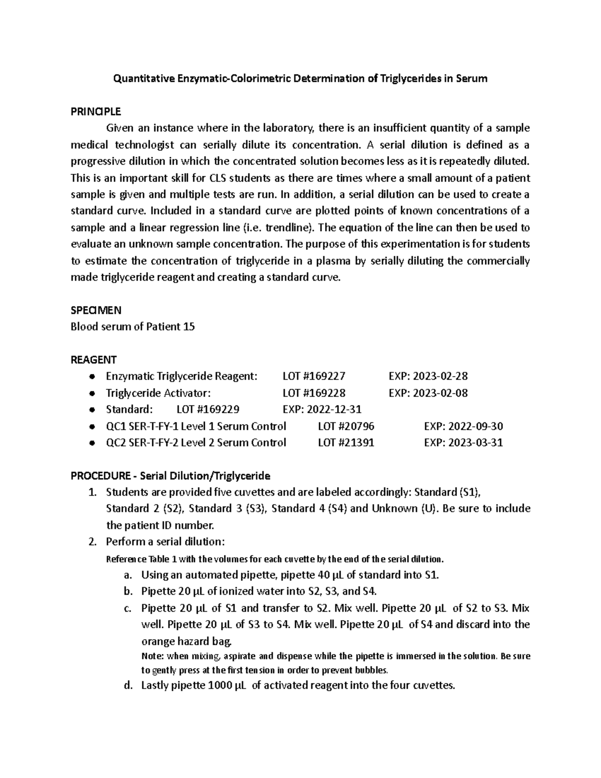 Clinical Chemistry Lab Report Triglyceride Quantitative Enzymatic