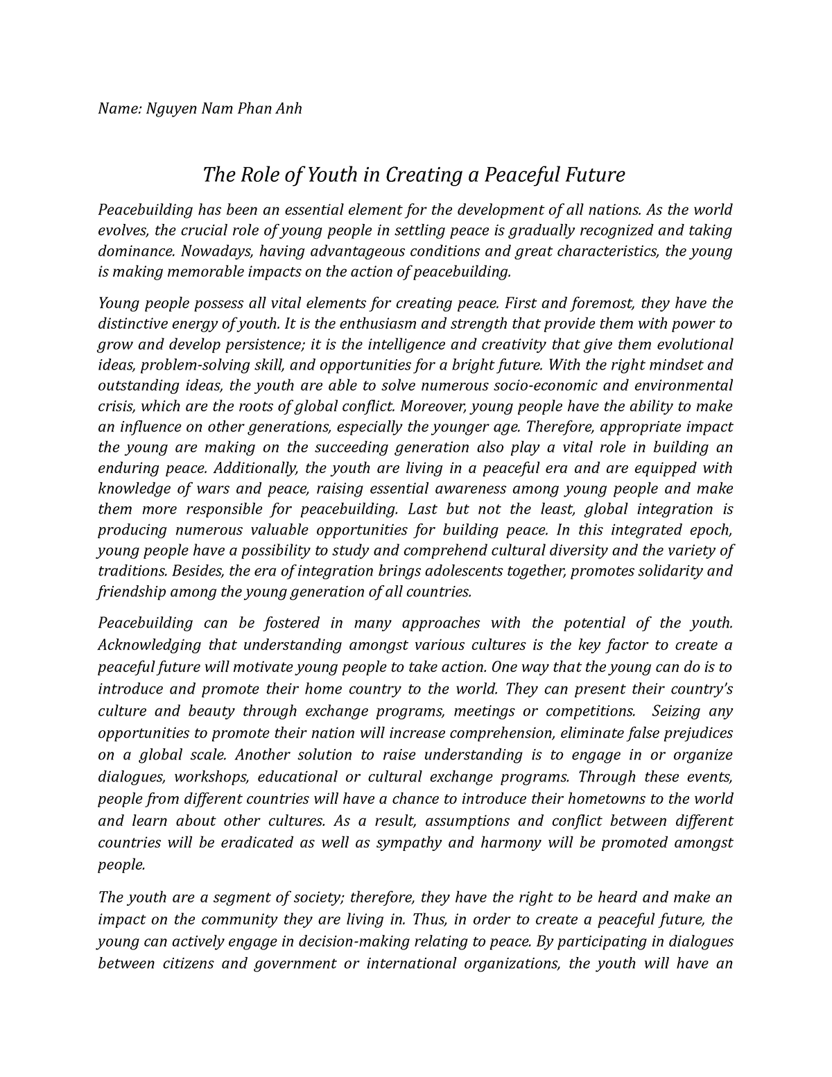 essay about youth creating peaceful future