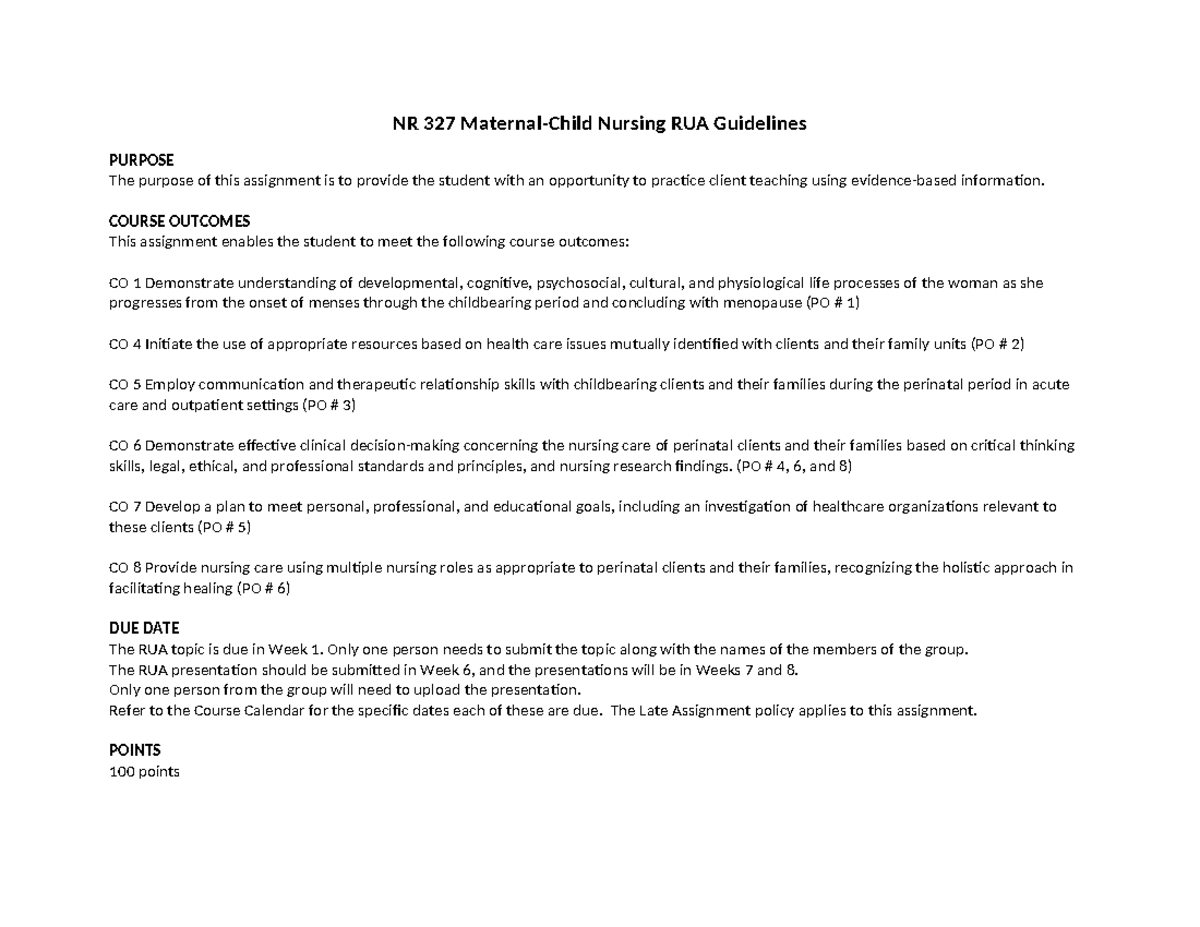 CEM RUA Guidelines assignment NR 327 MaternalChild Nursing RUA