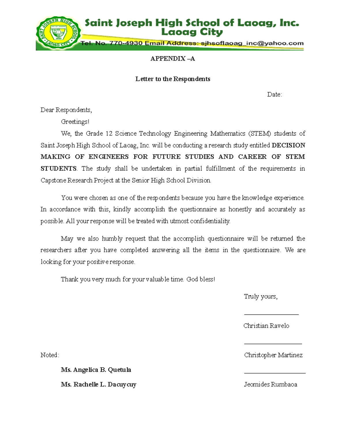 Stemquestionnaire Stemquestionnaire APPENDIX A Letter to the