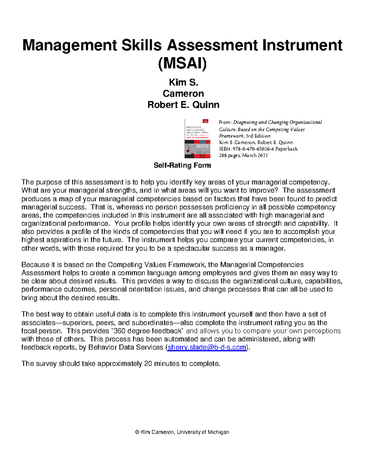 Quinn and cameron management skills assessment instrument Management