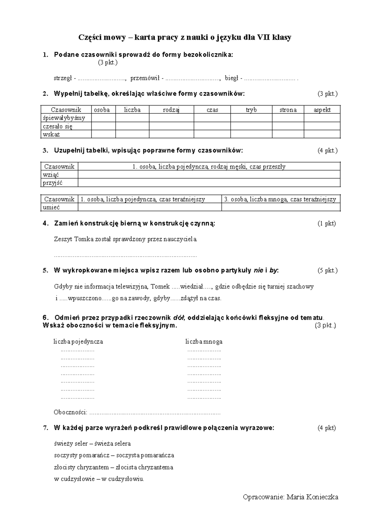 Karta-pracy-Części-mowy-powtórzenie-klasa-7 - Części mowy – karta pracy