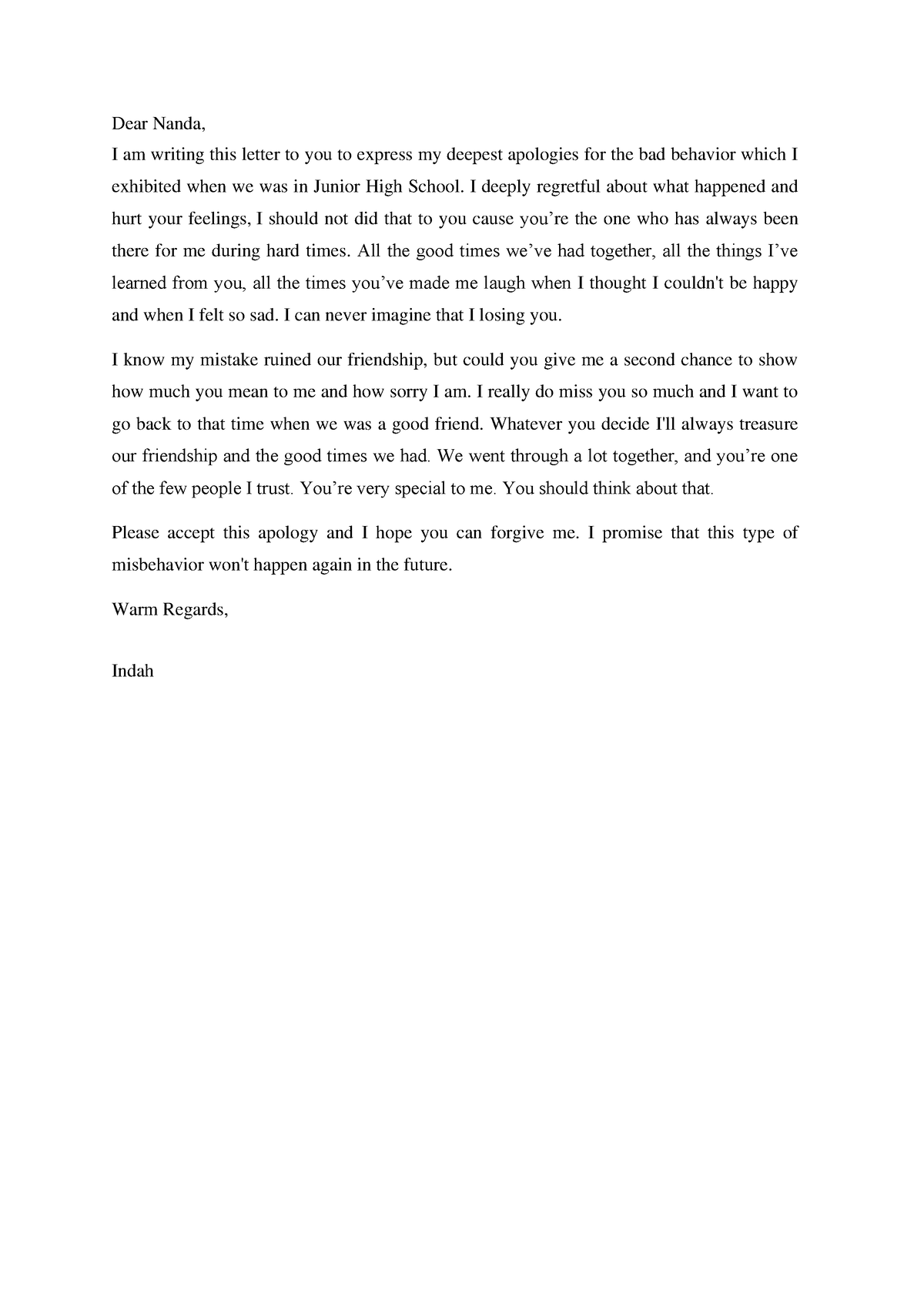 Apology Letter - Tugas - Dear Nanda, I am writing this letter to you to ...