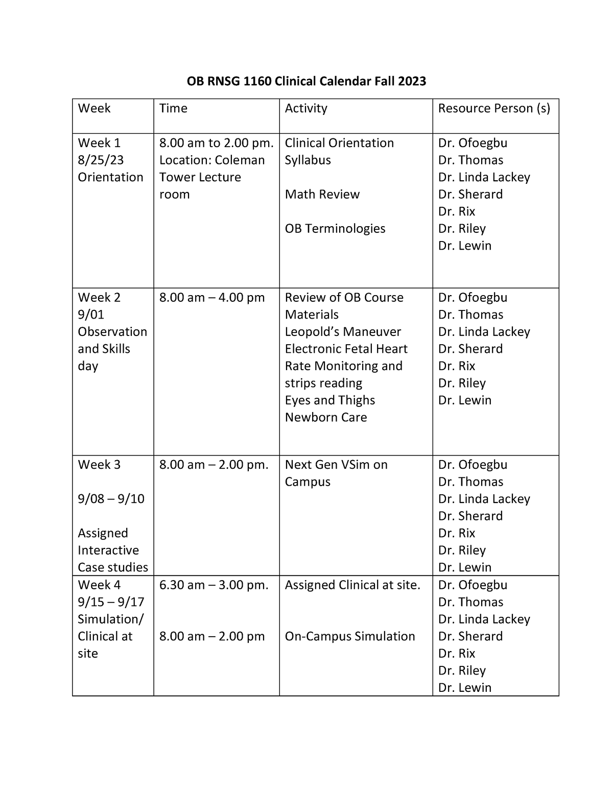 OB Clinical Calendar Fall 2023 OB RNSG 1160 Clinical Calendar Fall