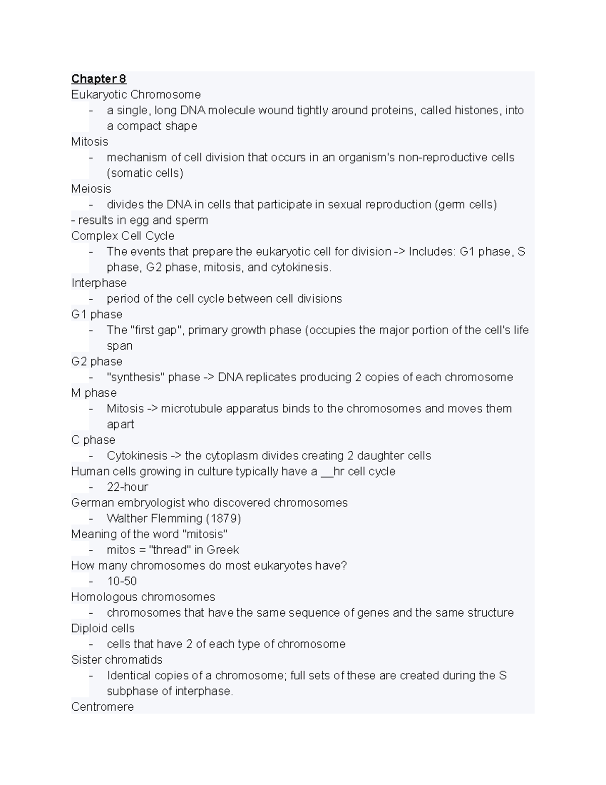 BISC Textbook Notes Ch 8 - Chapter 8 Eukaryotic Chromosome - A Single ...