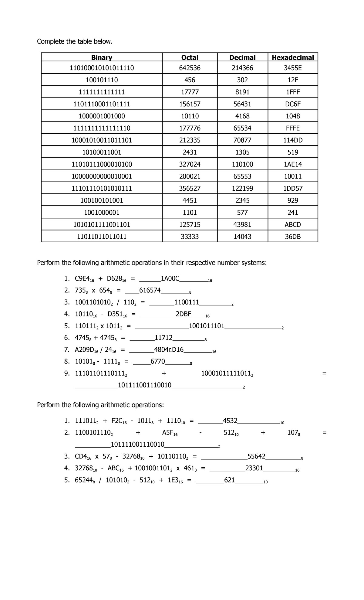 Exc 1 - Lecture NOTES - Complete the table below. Binary Octal Decimal ...