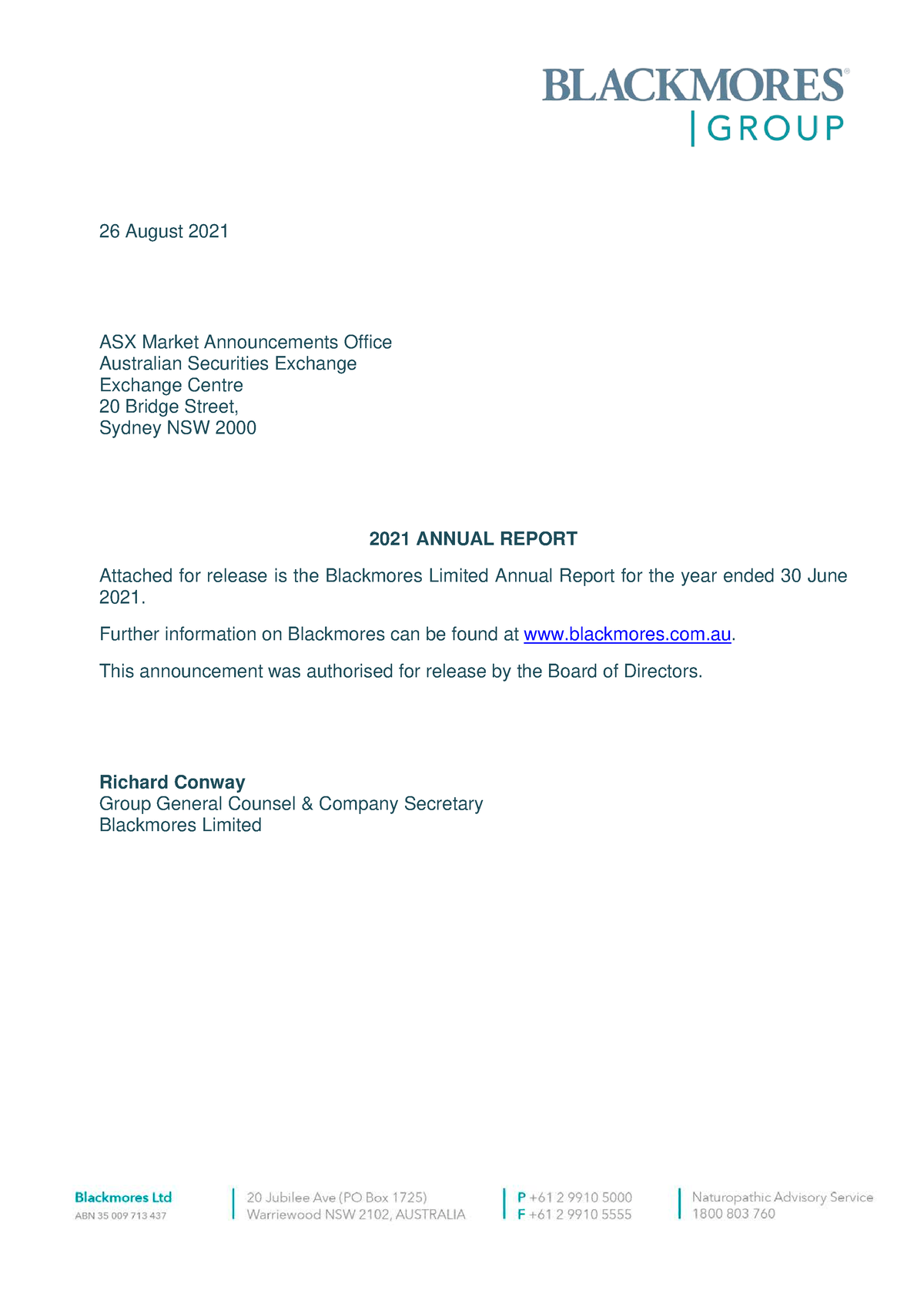 2021 BKL Annual Report - 26 August 2021 ASX Market Announcements Office ...